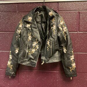 Embroidered Faux Leather Moto Jacket – Size Small